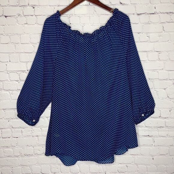 Chaps chiffon Off Shoulder Polka Dot Key Hole Blouse Top Navy 2X - Picture 4 of 9